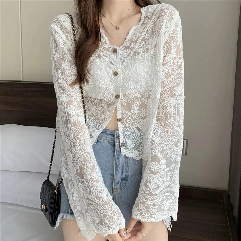 Vintage lace blouse, white sheer floral long-sleeve top with brown front buttons