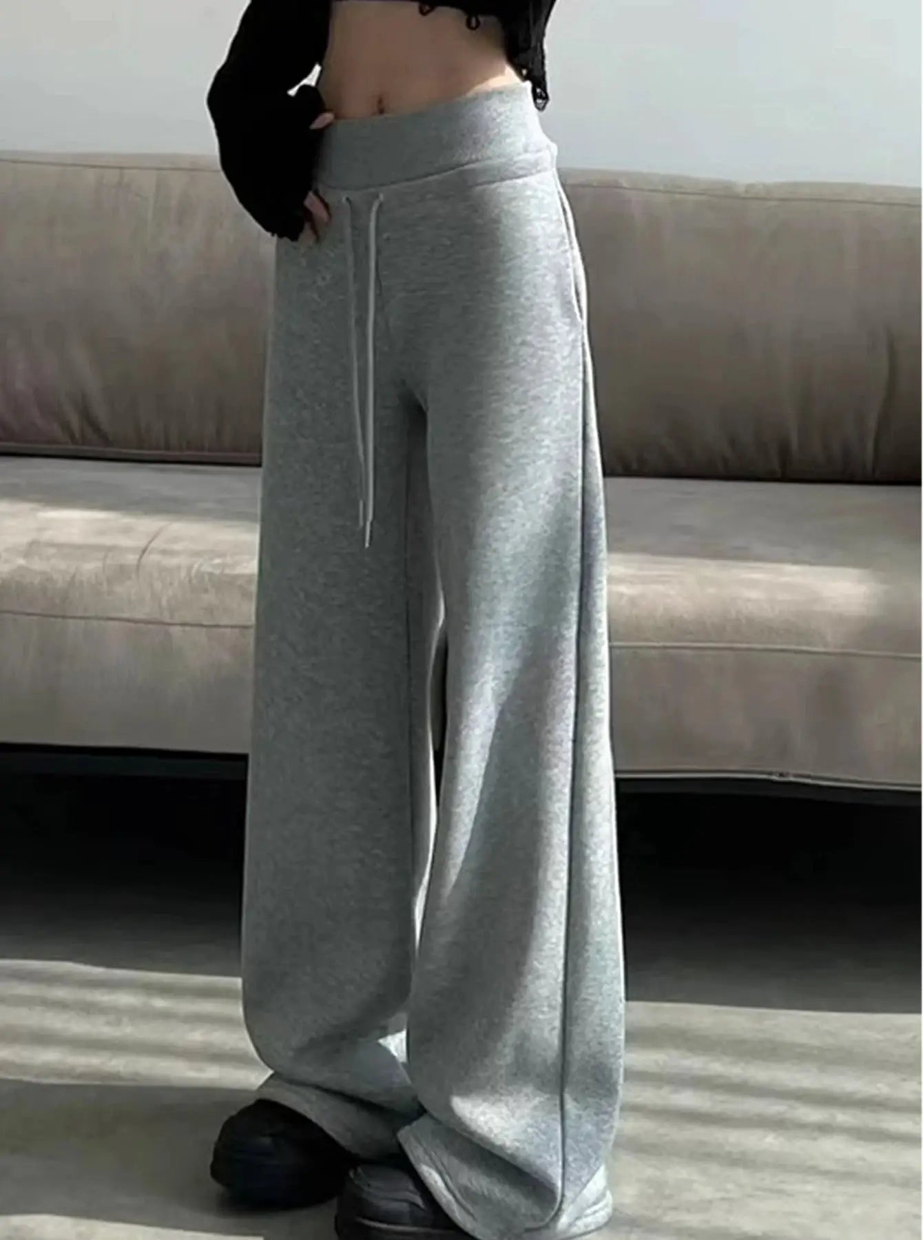BrandFlex Womens Gray Sports High Waist Wide Leg Pants All Season Comfort Breathable Cotton Polyester Blend