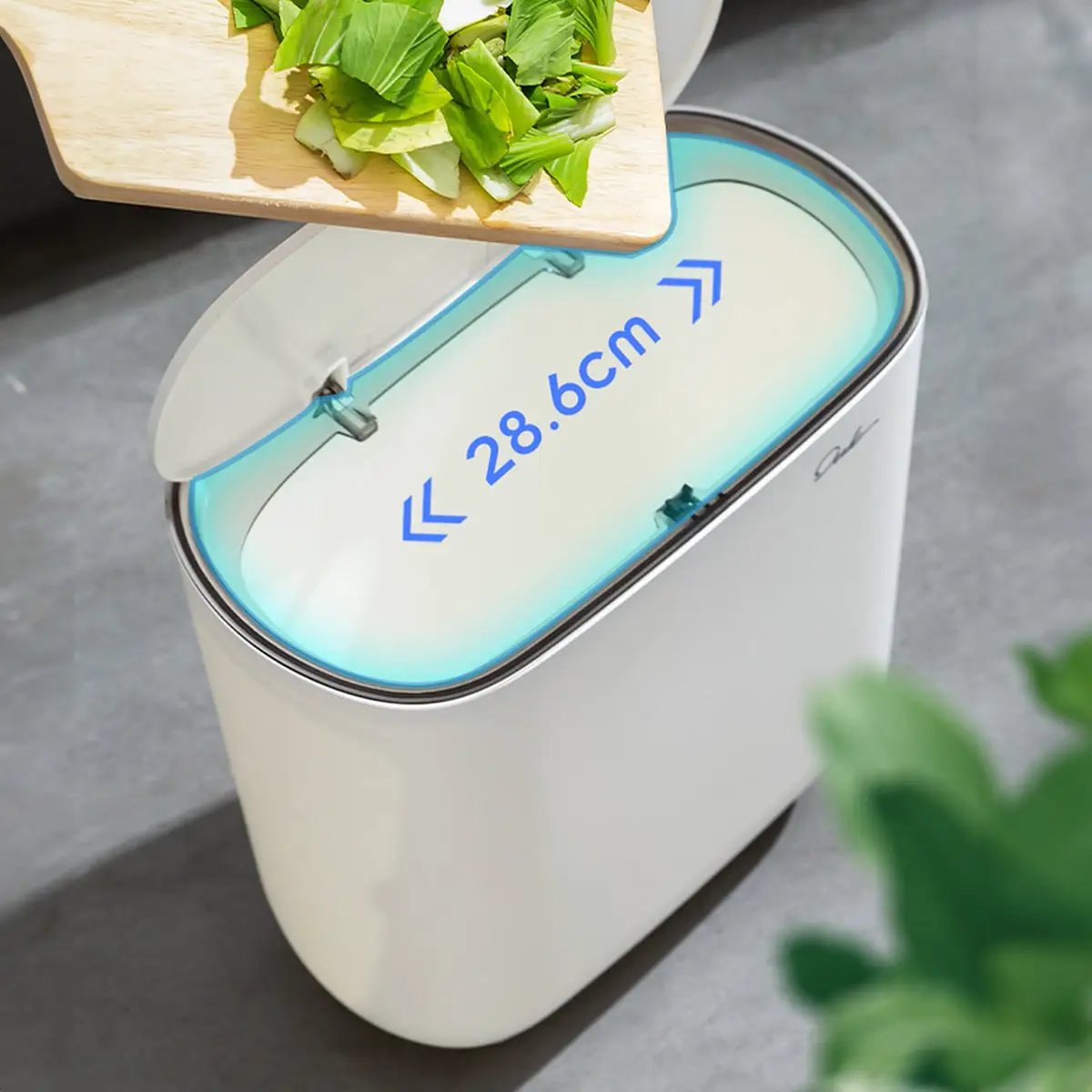 Narrow shape press-ring trash can with lid; white body with blue-lit interior, Simples Market.