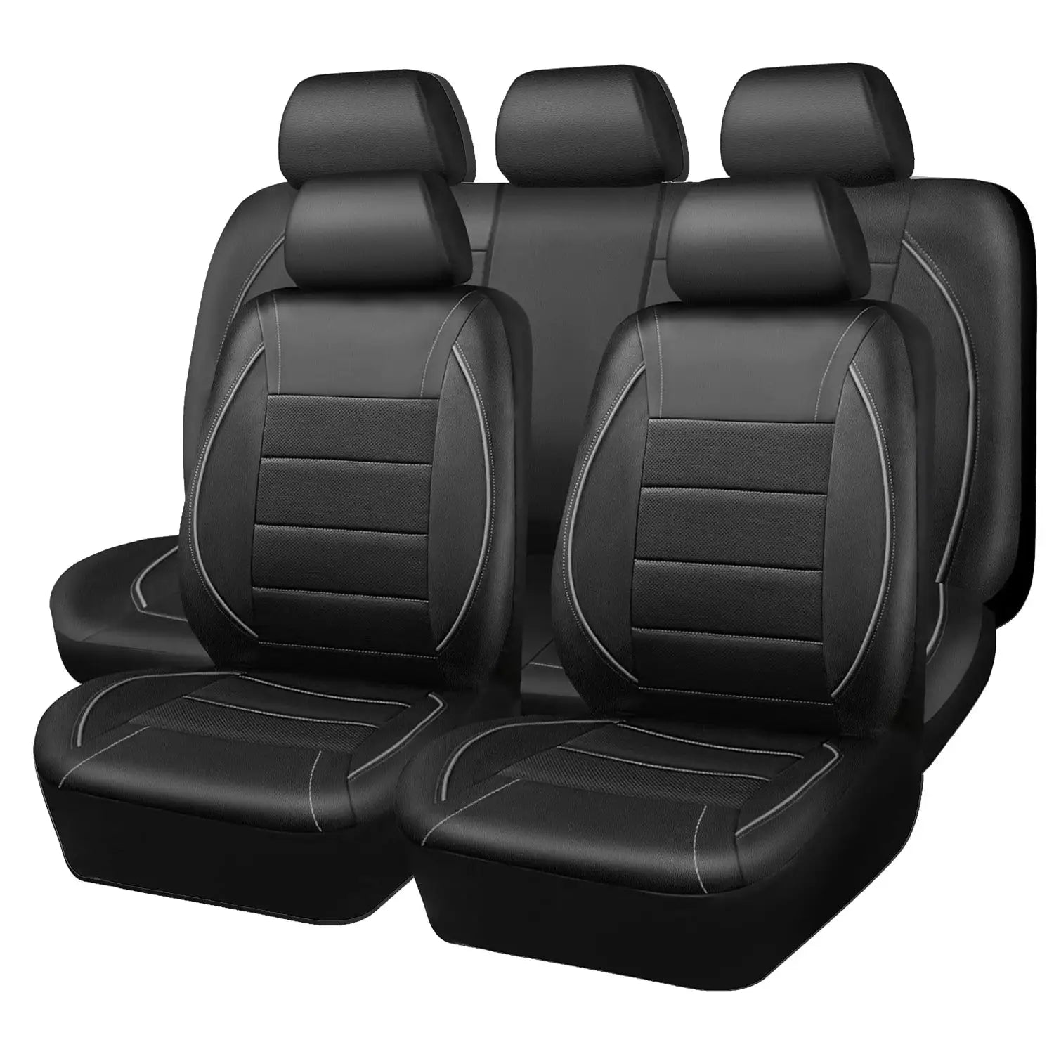 Universal leather car seat covers for 5-seat vehicle, Simples Market, black with white stitching