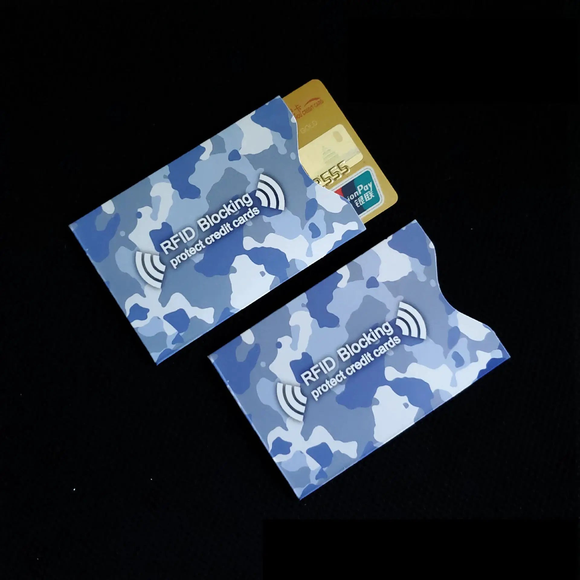 Simples Market RFID blocking cards in blue camouflage; 4-pack with gold card visible
