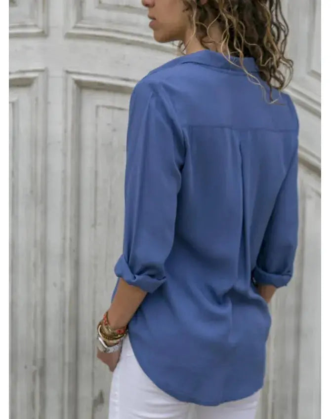 Autumn Shirt blue women's polo-collar blouse with loose-fit button-down top