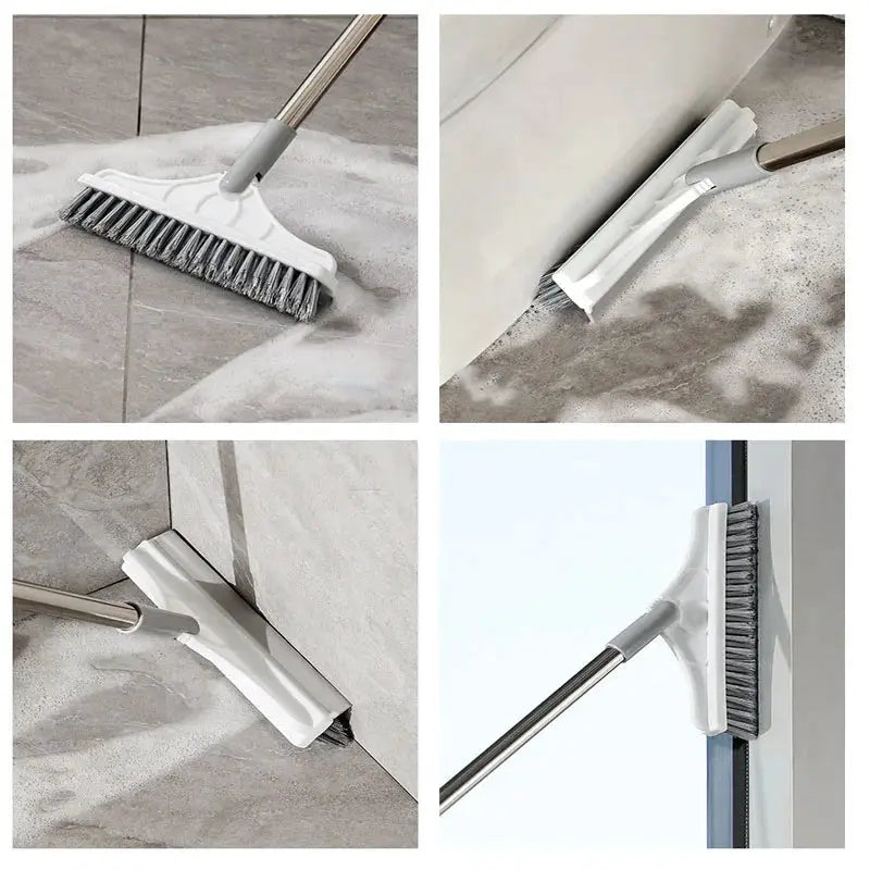 Bathroom floor brush with long metal handle and white rectangular head for tile, wall, and toilet cleaning