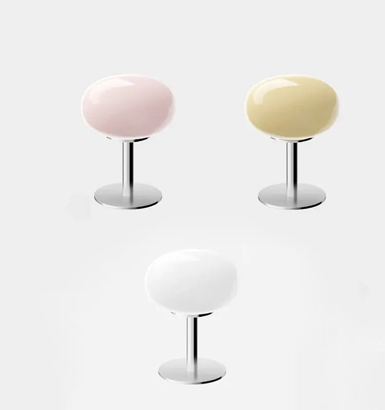 Macaron glass table lamp trio in pink, yellow and white with chrome stems and round bases, trichromatic dimming