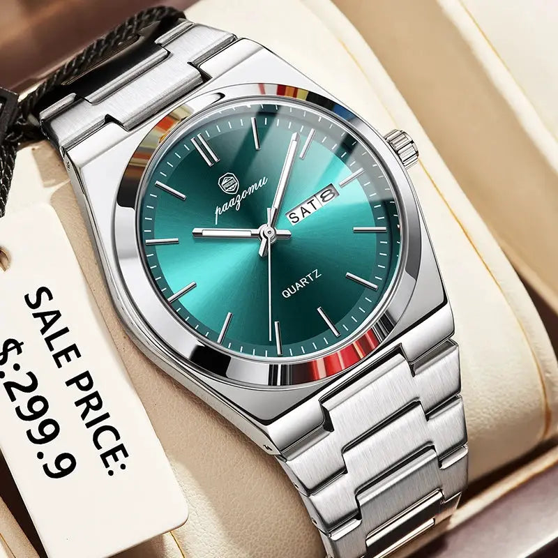 PAAZOMU Mens Quartz Watch Stainless Steel Waterproof Luminous Chronograph Date Multifunction Wristwatch