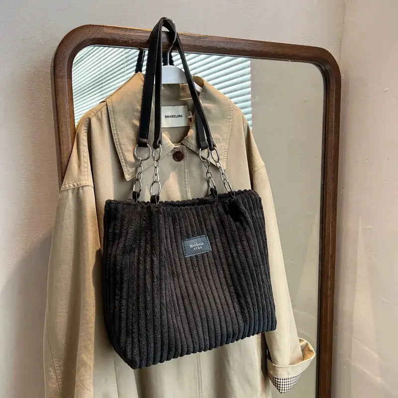 Women corduroy shoulder bag in black with leather-top handles and chain straps, large-capacity casual handbag