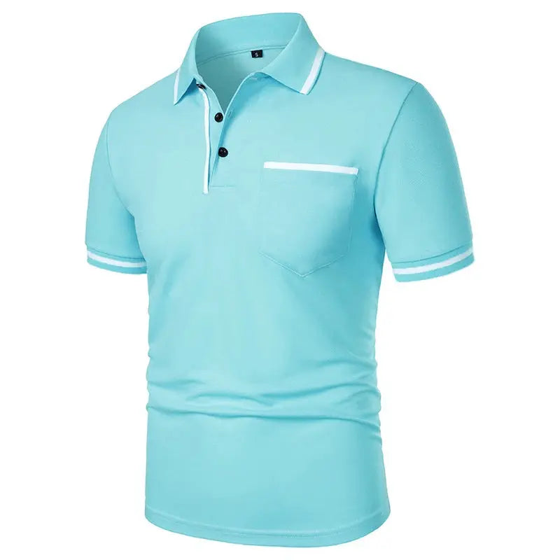 Men's light turquoise short-sleeve polo shirt with white collar piping, pocket trim, and striped sleeve cuffs.