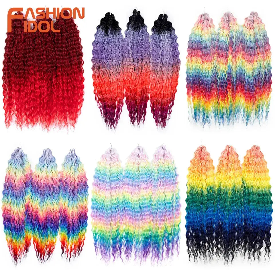 Ariel Curl Water Wave Crochet Hair Extensions in ombre rainbow tones, 22in, 6 bundles