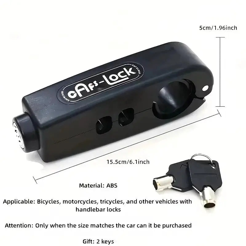 Motorcycle handlebar lock by Afs-lock; black ABS anti-theft clamp with 2 keys, universal fit