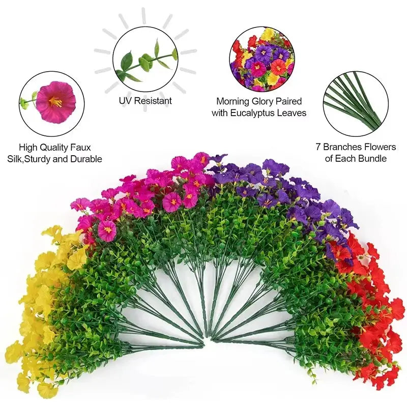 Four Bundles Artificial Morning Glory Flowers And Eucalyptus Plants UV Resistant Outdoor Garden Decoration Patio