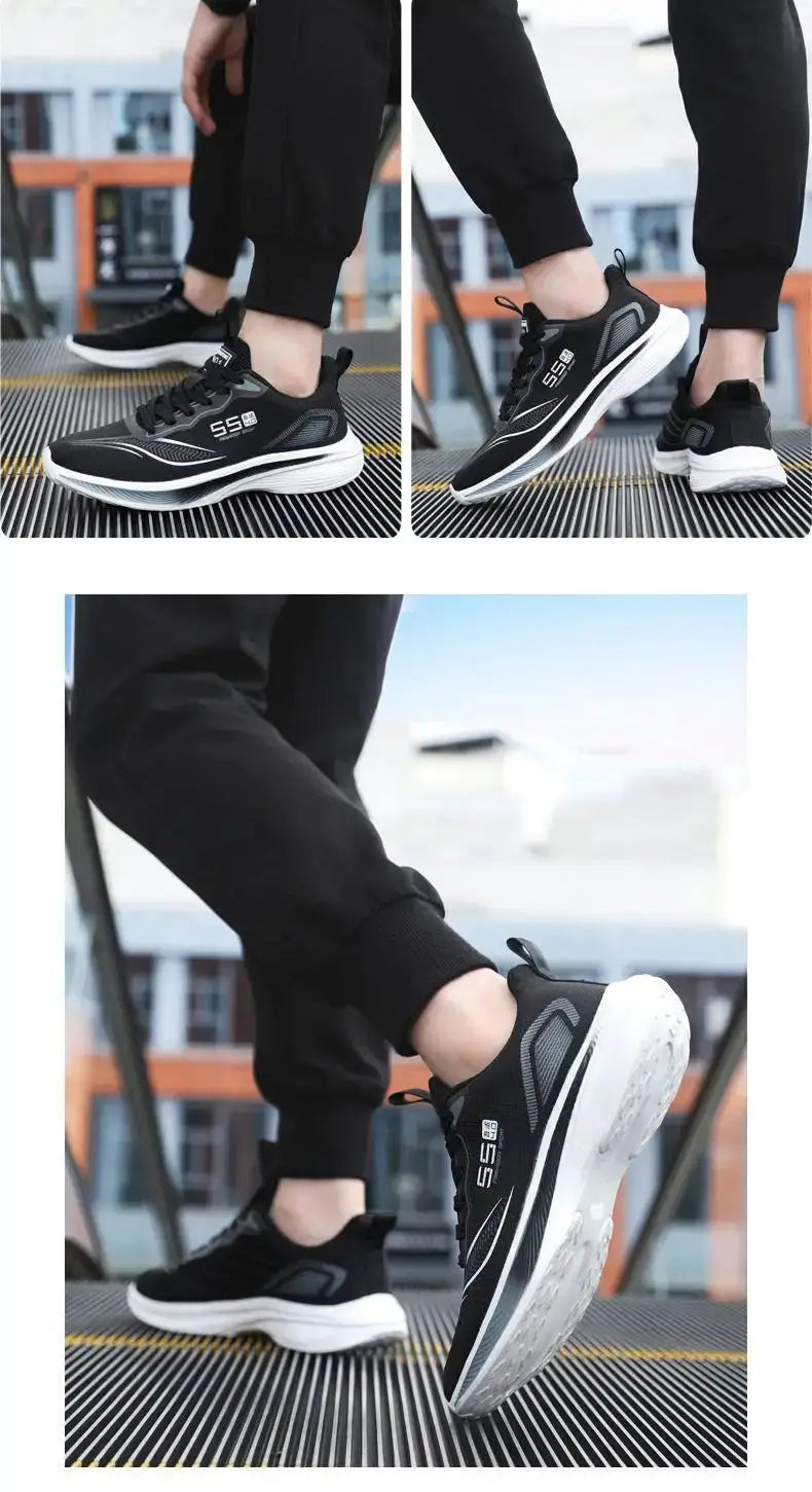 Men's black running shoes with a chunky white sole, breathable mesh upper, Simples Market athletic sneakers