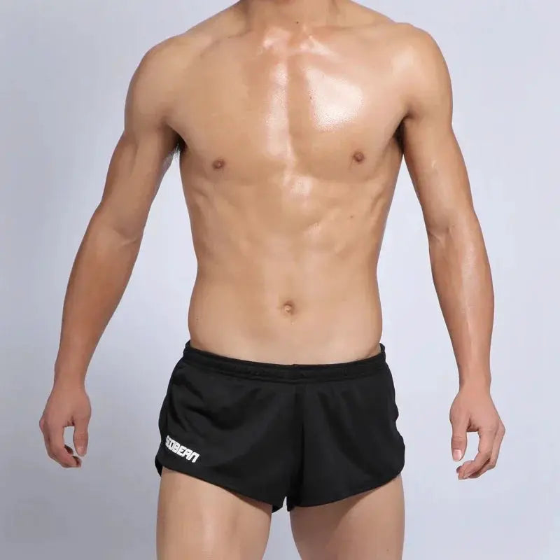 SEOBEAN men's black sports running shorts with logo on left leg
