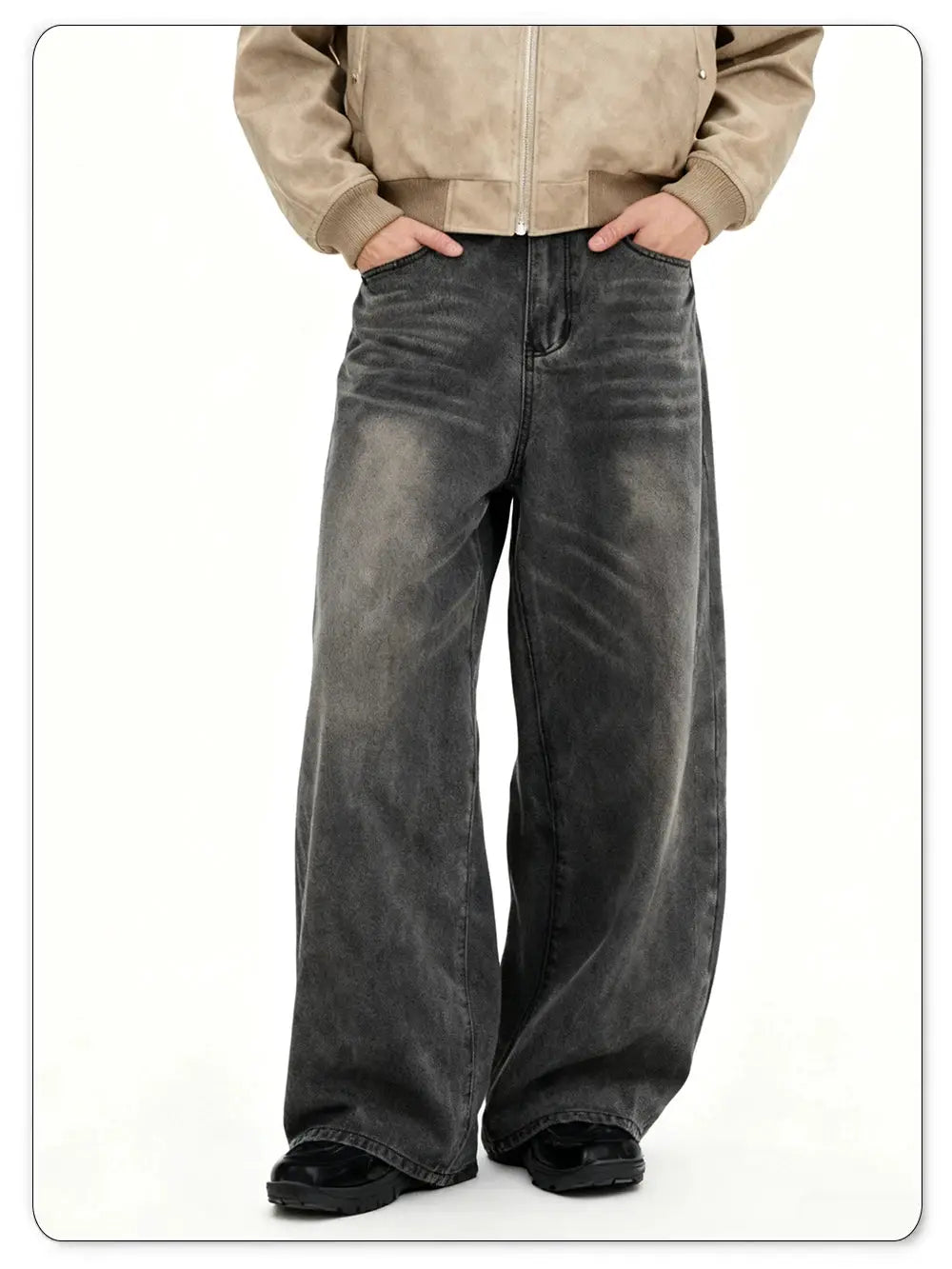 Men's gray baggy wide-leg denim jeans, washed finish, casual everyday wear