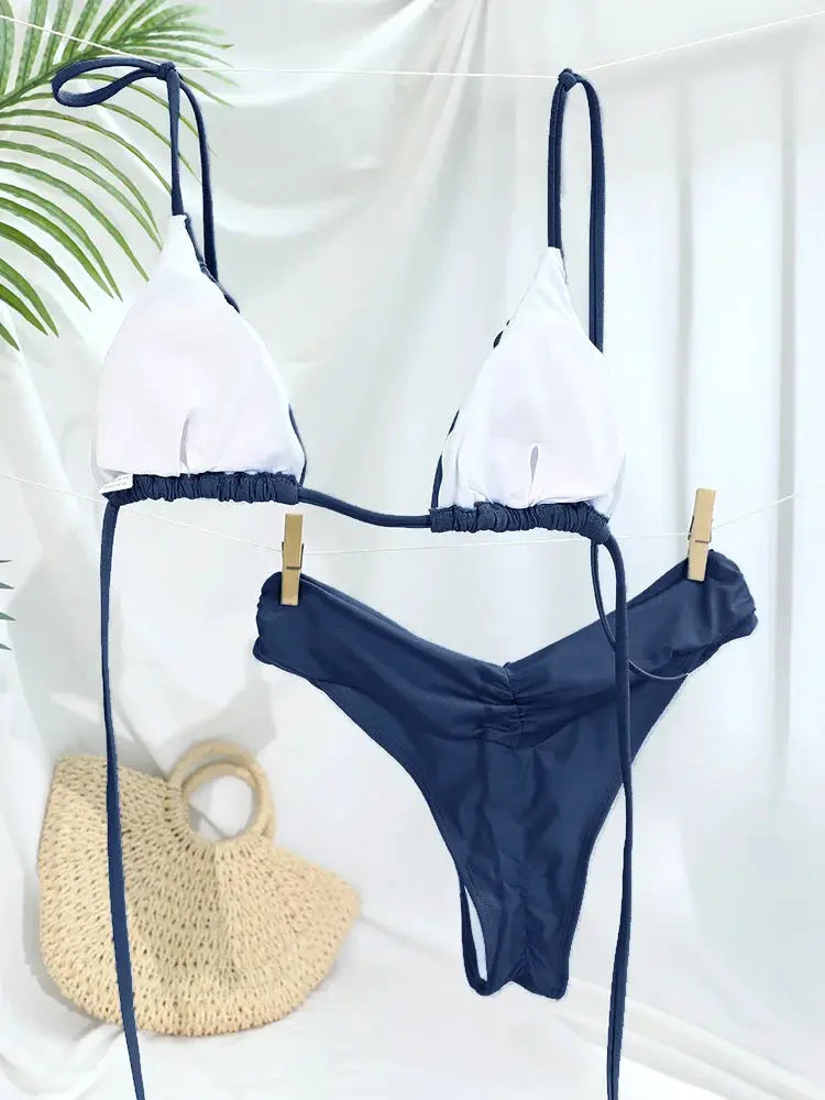 Sexy Folds Bikini Set Solid Micro Triangle Swimwear for Women Two Piece Beachwear Bathing Suit