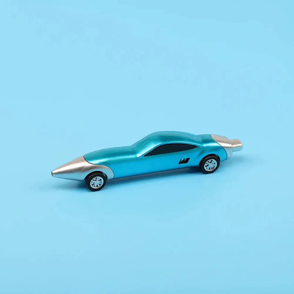 1-piece car-shaped ballpoint pen, blue metallic body with silver nose and tail