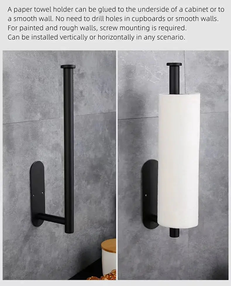 Simples Market black wall-mounted paper towel holder with adhesive mount, shown with roll