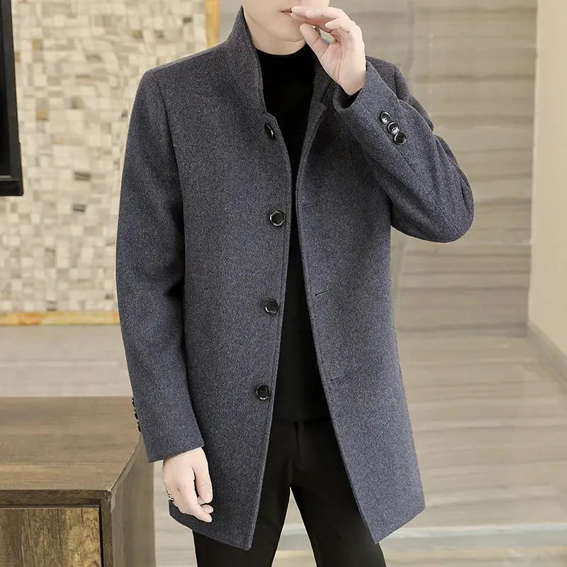 Men's long wool coat, dark gray, knee-length trench with button-front