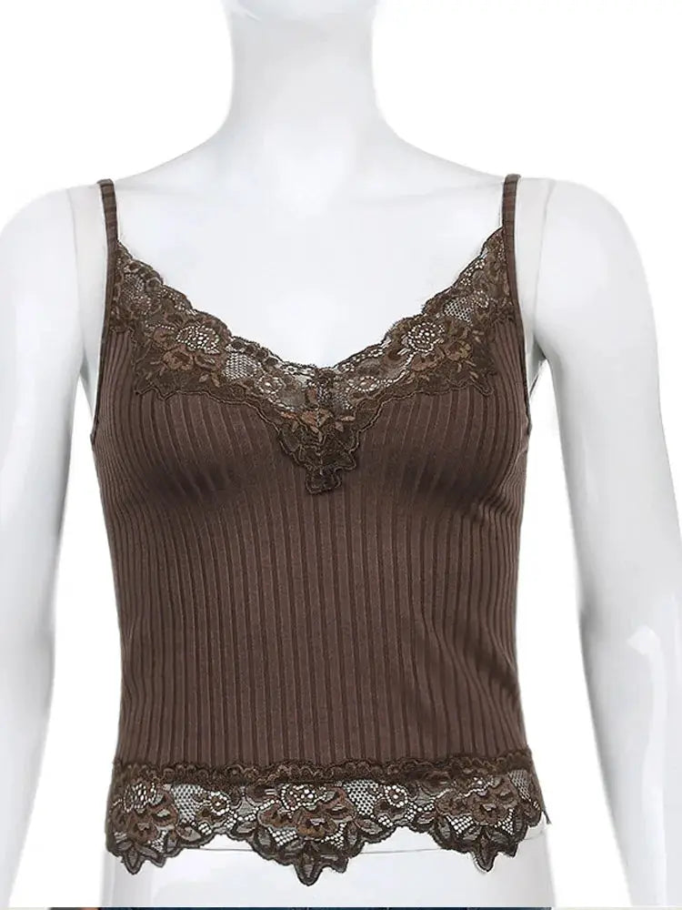 NoirPulse Gothic Bodycon Cami Top For Women Ribbed Backless Lace Trim Grunge Summer