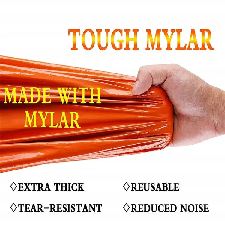 Orange Mylar emergency sleeping bag, portable, extra thick and tear-resistant.