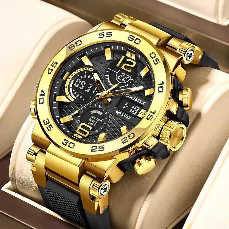 FOXBOX men's gold-tone metal chronograph diver watch with black dial in box
