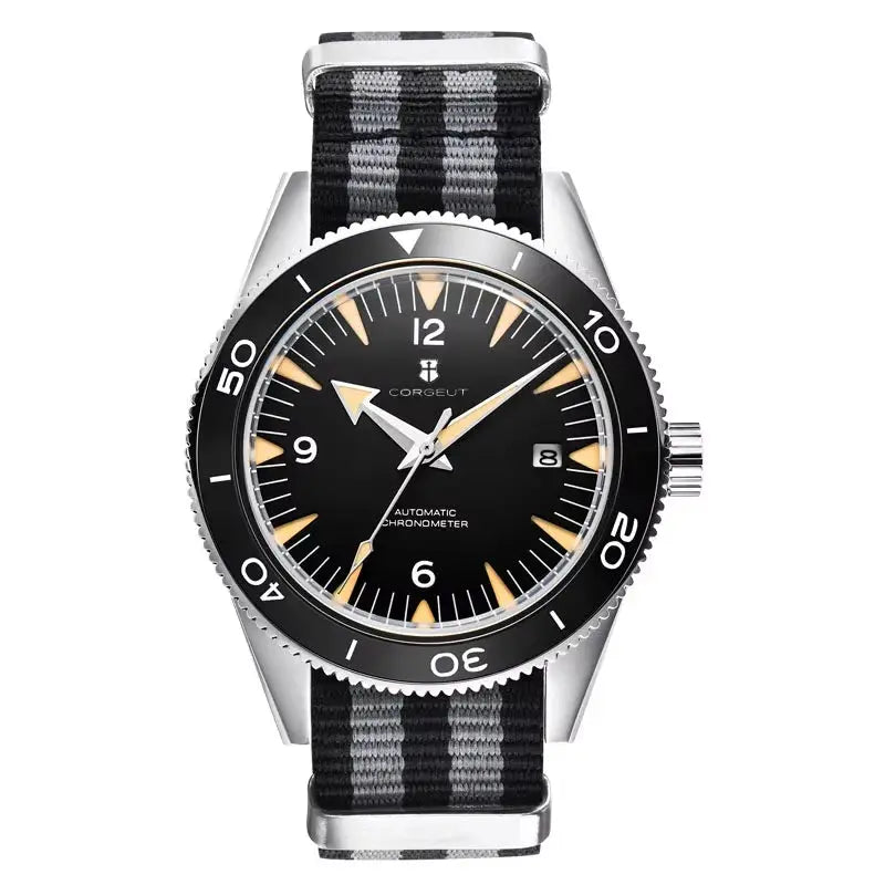 41mm Corgeut automatic diver watch with black dial, luminous markers, date window, striped nylon NATO strap