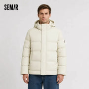 Semir down jacket for men, cream hooded mid-length puffer with SEM/R logo.