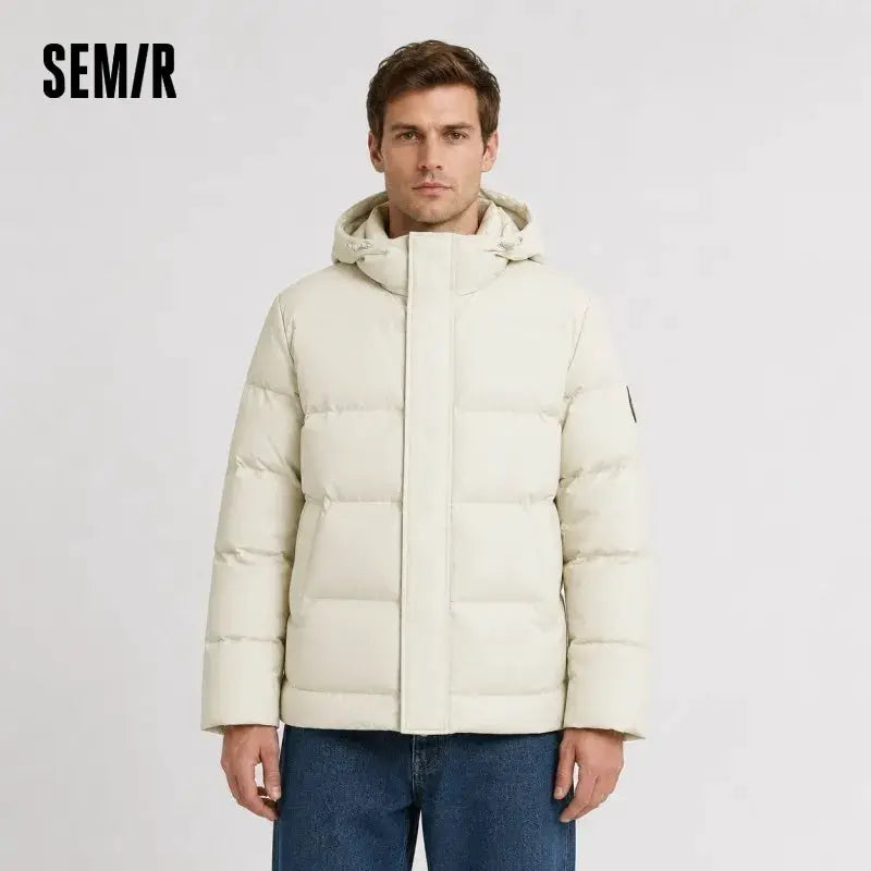 Semir down jacket for men, cream hooded mid-length puffer with SEM/R logo.
