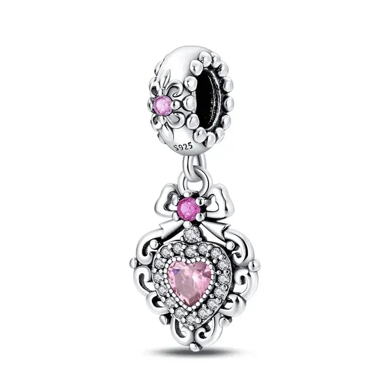 Silver plated guardian angel heart charm with pink zircon centerpiece and crystal halo for Qikaola 925 bracelets