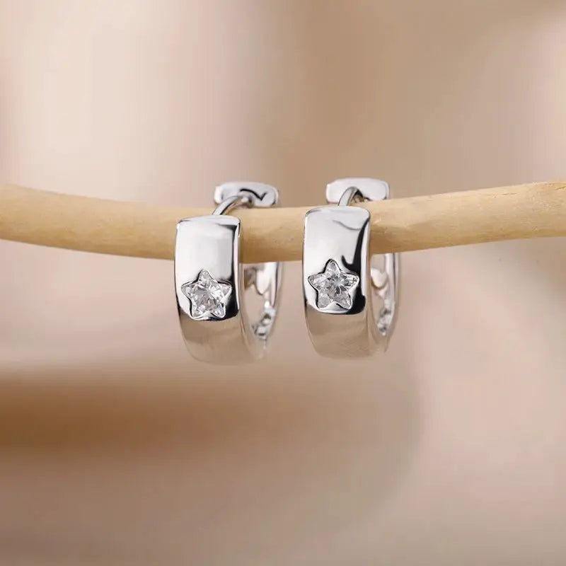 Zircon Star Hoop Earrings For Women Stainless Steel Gold Color Huggie Earrings Trendy Wedding Jewelry