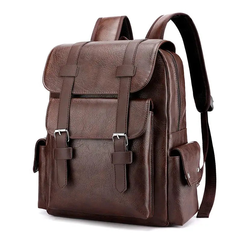 Men's brown PU leather backpack with large laptop compartment by Simples Market