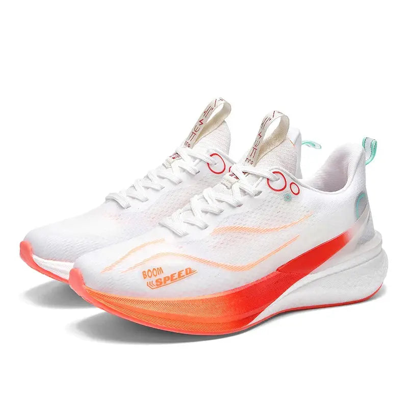 Pair of carbon plate running shoes, white with orange midsole and teal accents, lightweight marathon racing sneakers