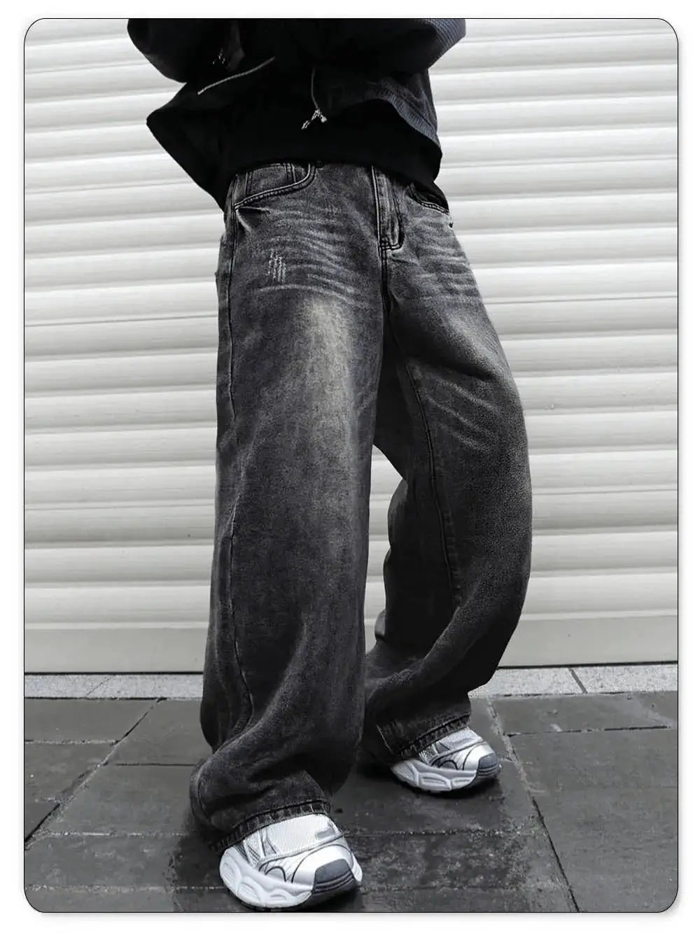 LIYS unisex retro gray baggy wide-leg denim jeans, oversized straight-leg style