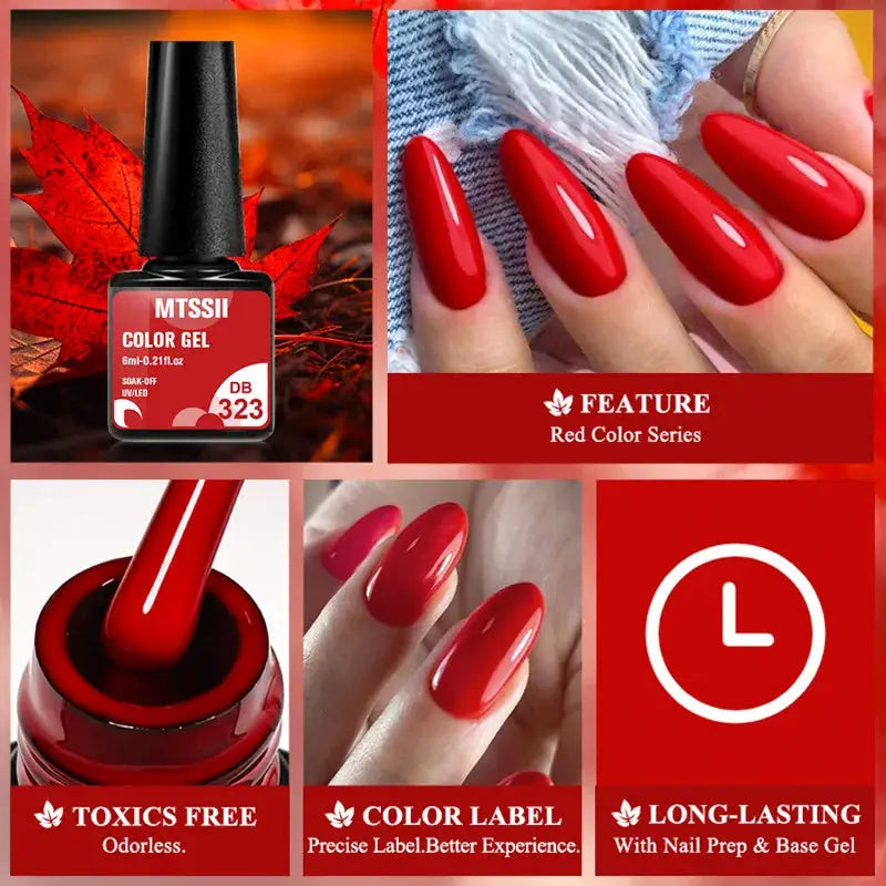 Red gel nail polish set with glossy red bottles and manicure samples; UV/LED soak-off kit
