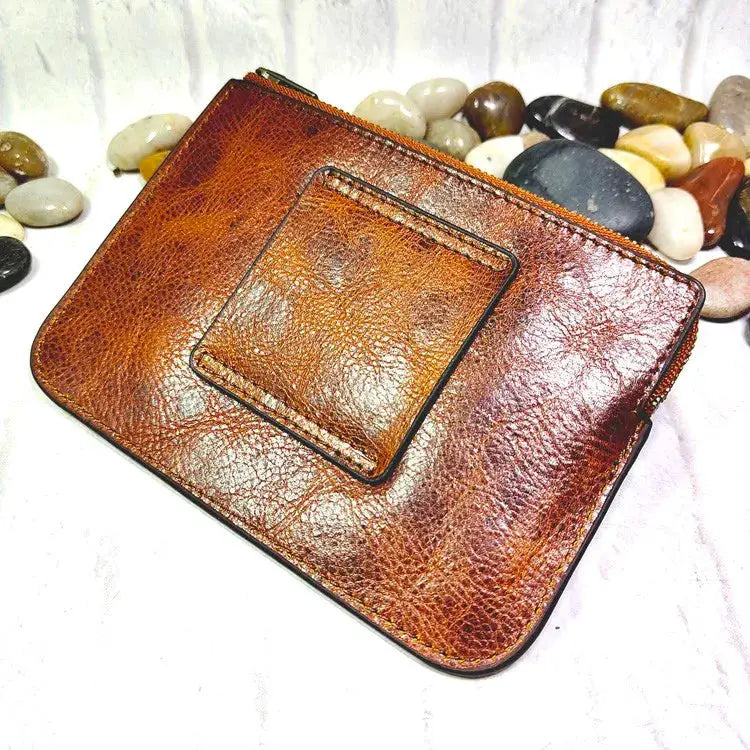 Mini zipper waist bag in brown textured leather with front card pocket