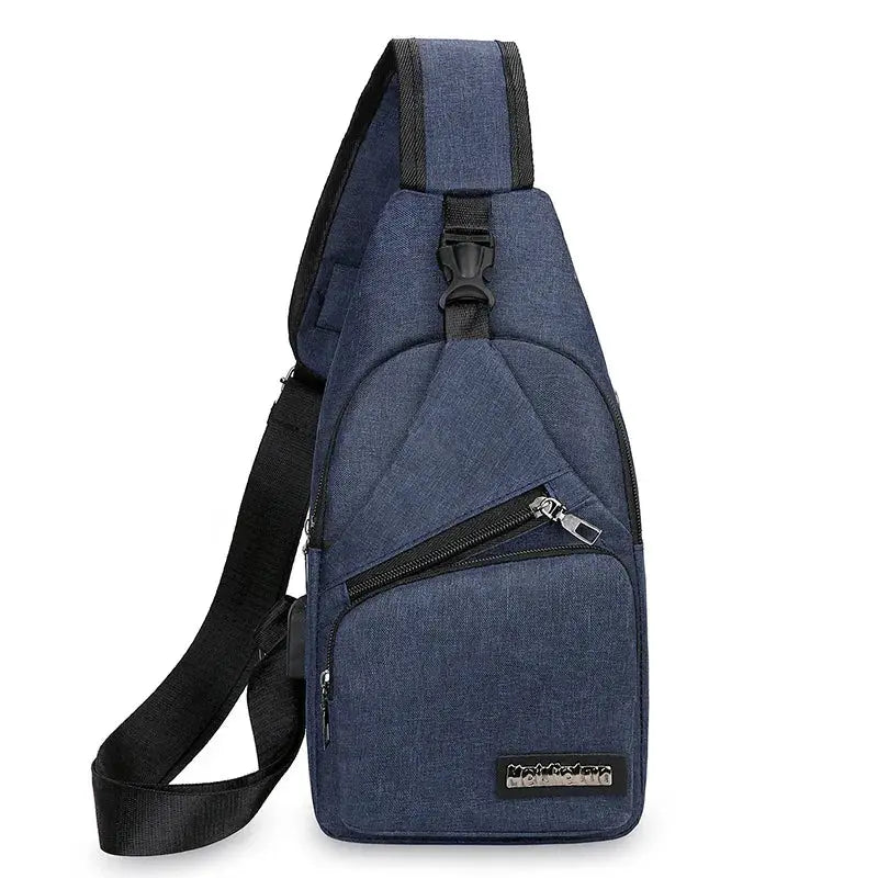 Men's chest bag by Simples Market in blue canvas with crossbody strap and zipped pockets