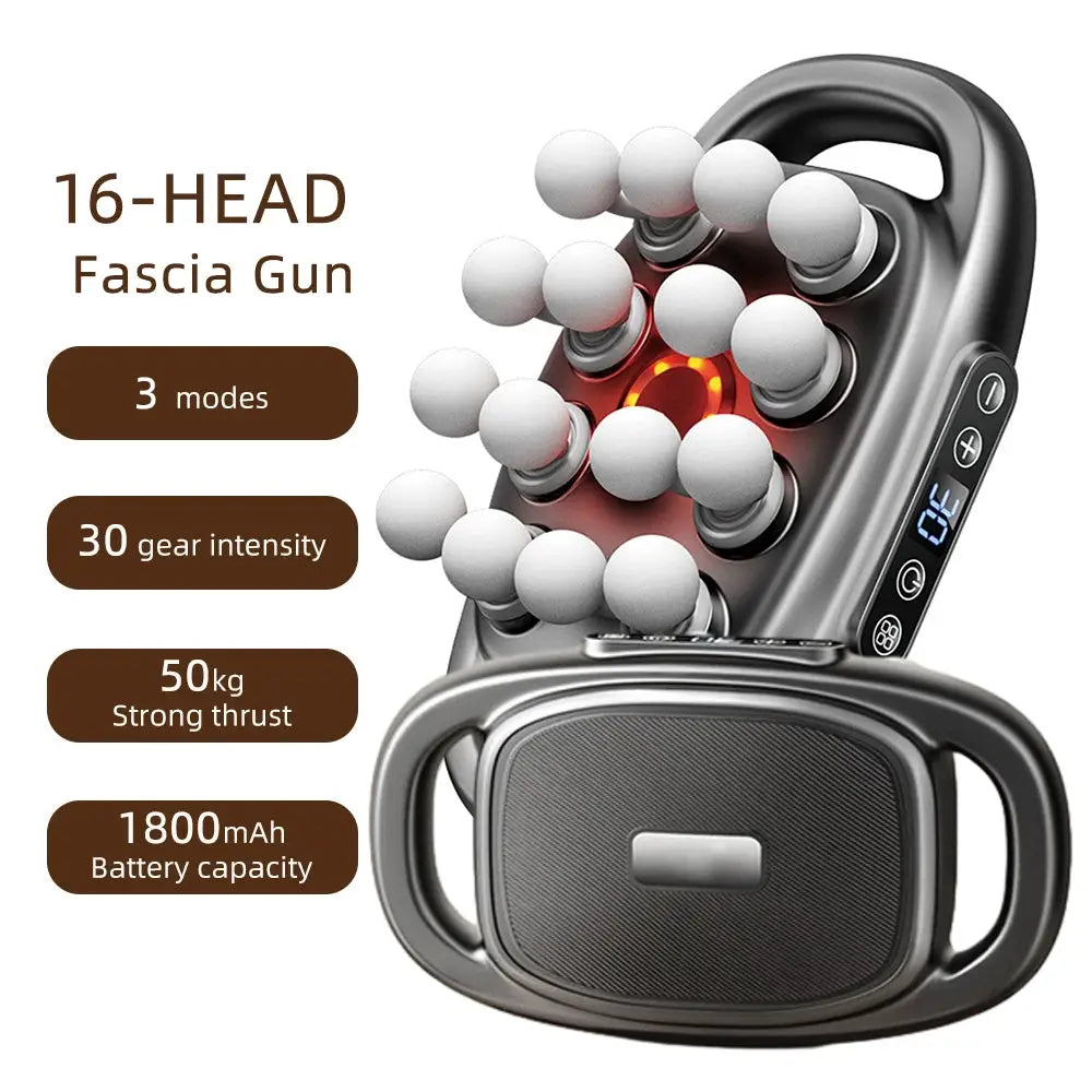 Simples Market 16-head fascia gun massage device with black body and 16 massage heads; digital display and 3 modes.