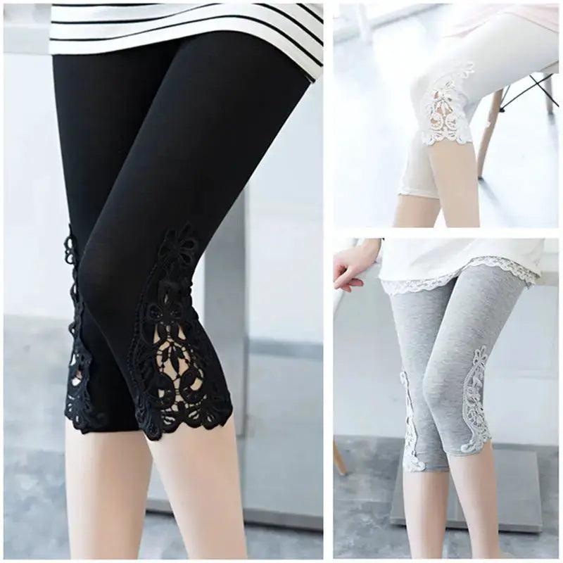 Women’s lace-hem capri leggings set in black, white, and gray (three pairs) in modal stretch by Simples Market