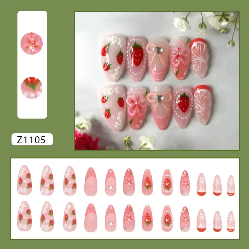 Spicy Girl Flower Print Press On Nails 24Pcs Wine Red Blush Almond Wearable Reusable False Nail Tips For Summer