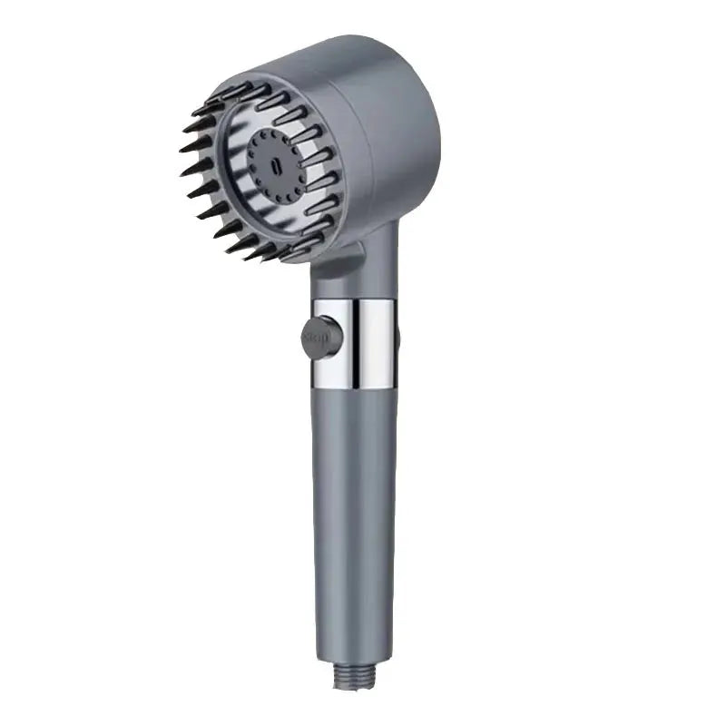 Portable handheld shower head with three spray modes and stop button, gray finish