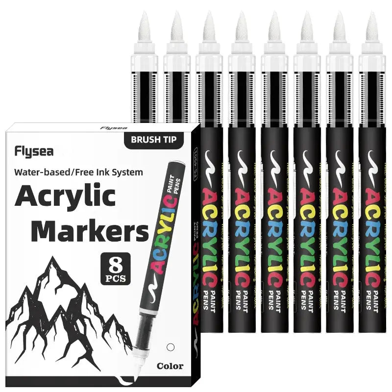 8 pcs Simples Market acrylic markers set with black barrels and white caps, brush-tip