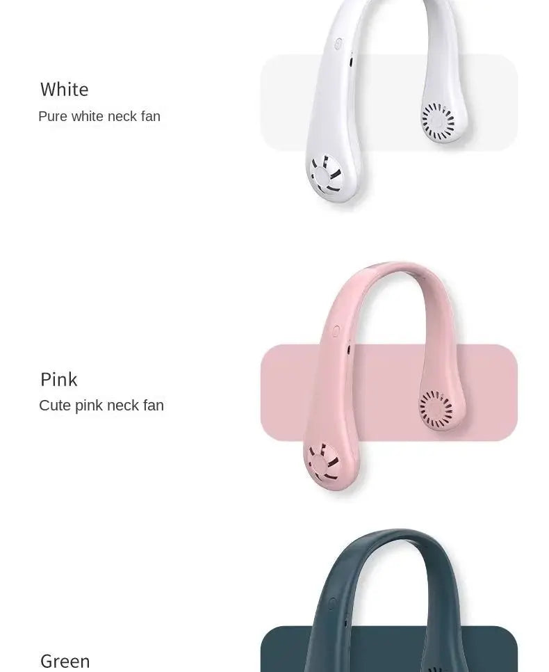 Three hands-free neck fans in white, pink and green; USB-rechargeable bladeless wearable cooling devices
