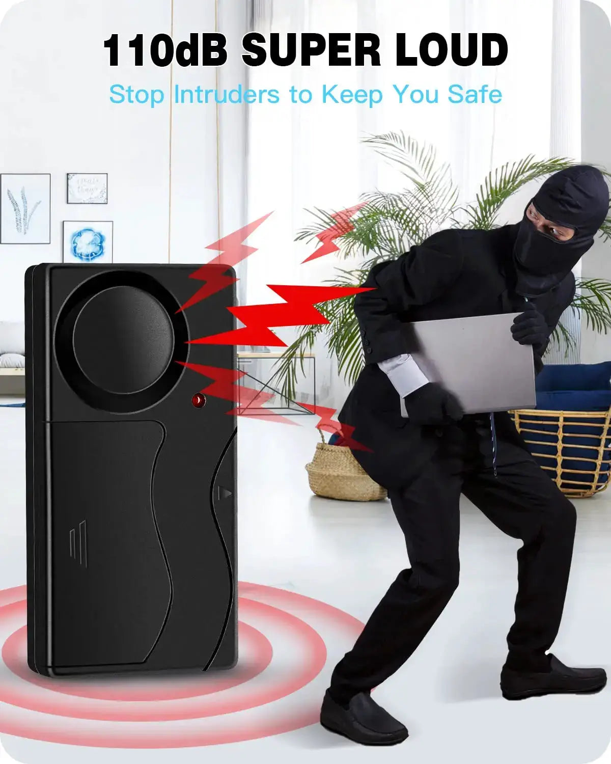 Anchtek 110dB wireless vibration alarm with remote control, black; burglar approaching with laptop near the device