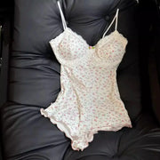FloraLuxe Floral Print Sleeveless Bodysuit Lace Trim Slim Fit Leotard Romper For Summer Comfort