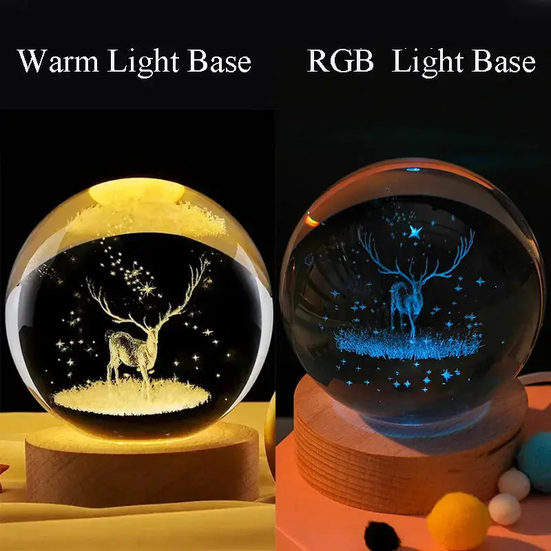 3D crystal ball night light set (2) by Simples Market with laser-engraved deer scene on warm wood bases and RGB option