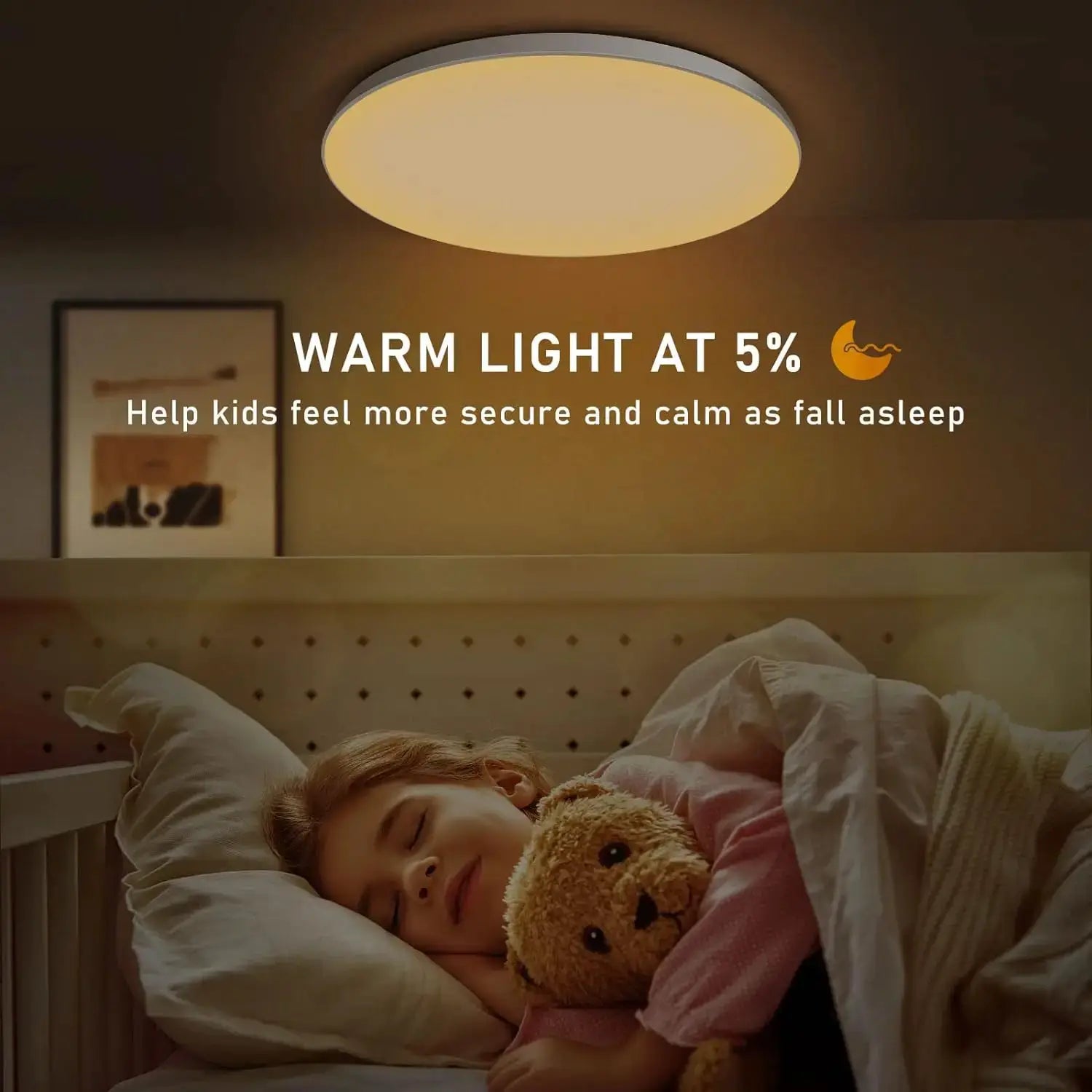 Simples Market Tuya Zigbee round LED ceiling lamp emitting warm light in a child’s bedroom