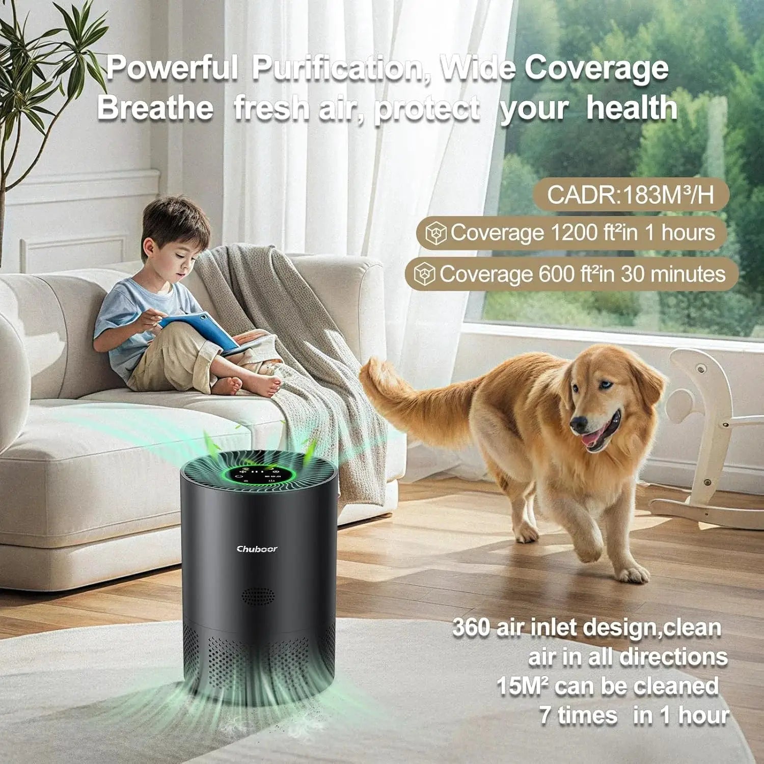 Chuboor home air purifier with H13 True HEPA, black cylindrical unit in living room with child and dog