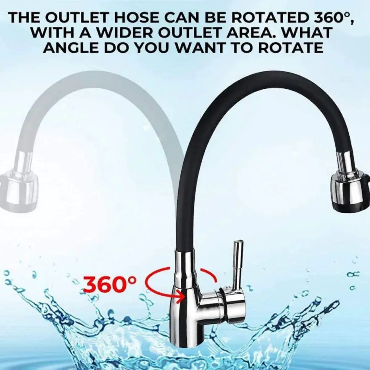 Kitchen faucet by Simples Market, 304 stainless steel with black silicone hose, 360° rotation.