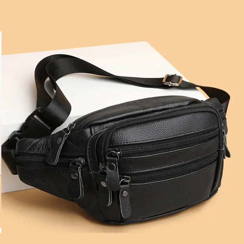 Simples Market black genuine leather fanny bag with multiple zip pockets and adjustable strap
