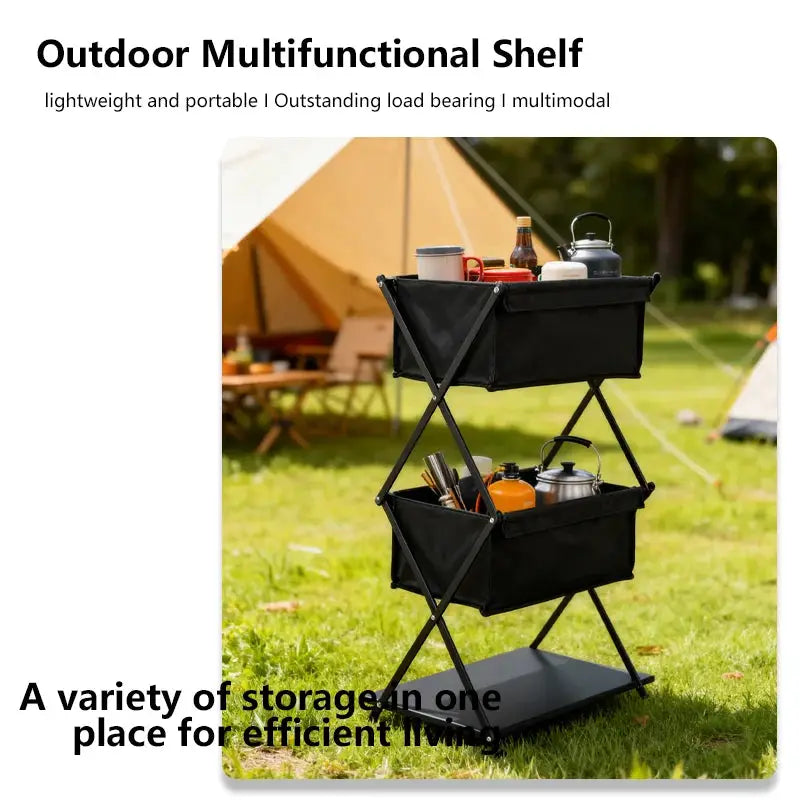 TARKA camping three-layer folding storage rack with black fabric bins for outdoor use