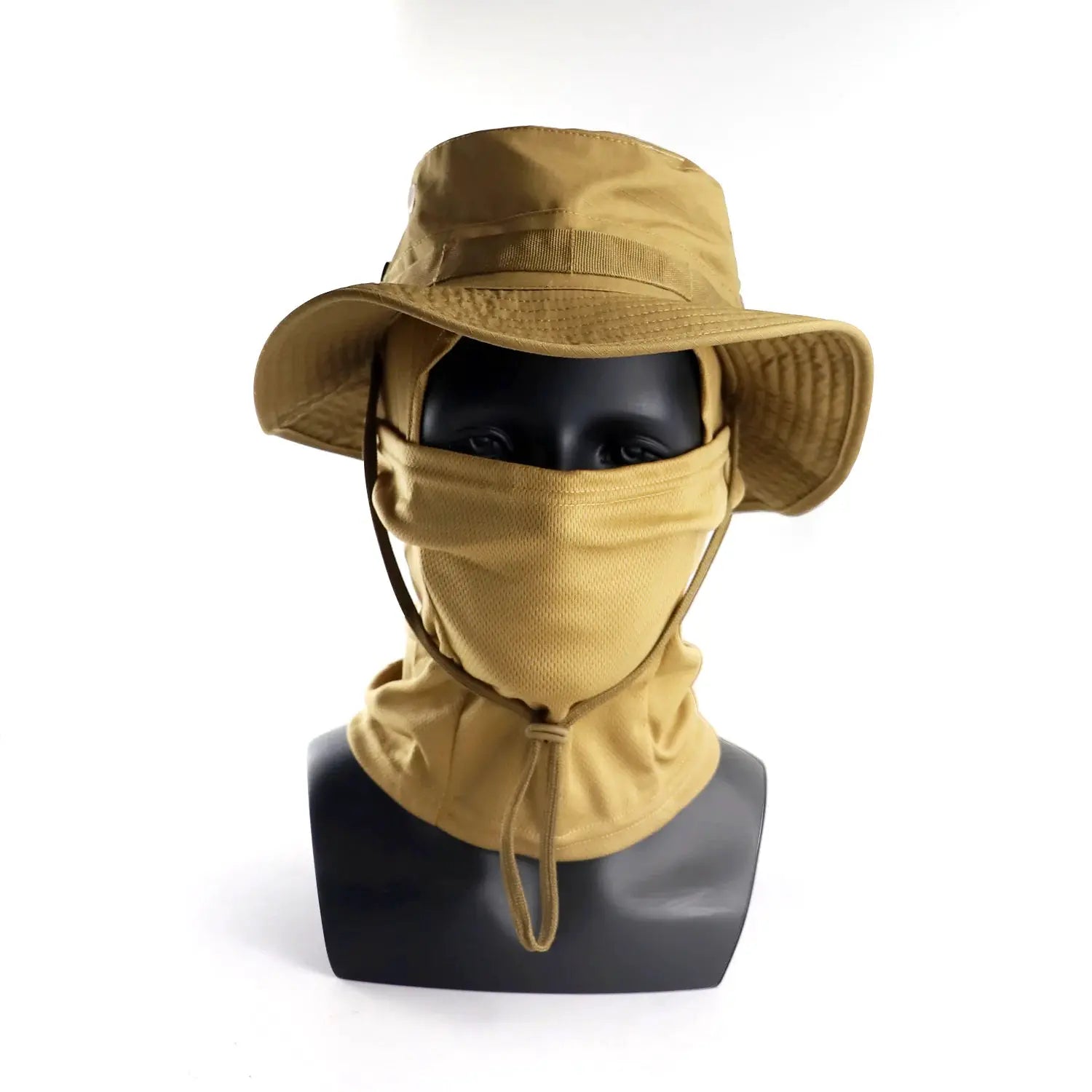 Hiking boonie hat with attached tan neck gaiter mask, adjustable wide brim